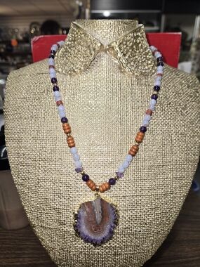 Handmade Amethyst & Agate Wood Bluelace Pendant Beaded Necklace